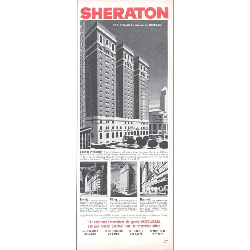 1961 Sheraton Hotels Vintage Print Ad Pittsburg Toronto Montreal Albany Starwood
